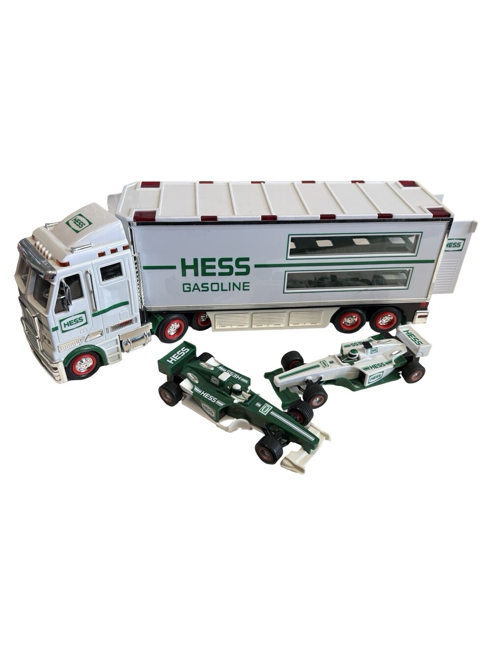 2003 Hess Truck Race Cars Gasoline Trailer Working Lights 2 Race Cars